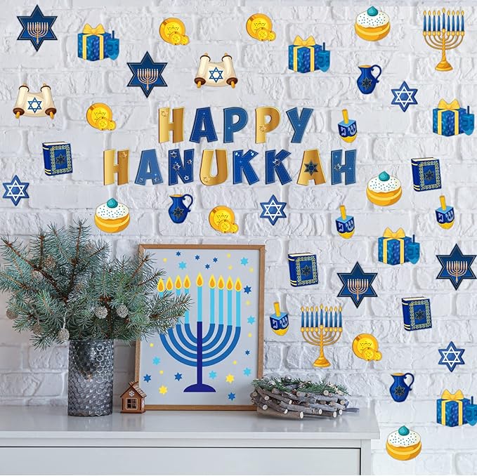 68 Pcs Hanukkah Classroom Bulletin Border Decoration Happy Hanukkah Cutouts Star Menorah Dreidel Bible Scroll Gold Cutouts for School Chalkboard Kwanzaa Party Wall