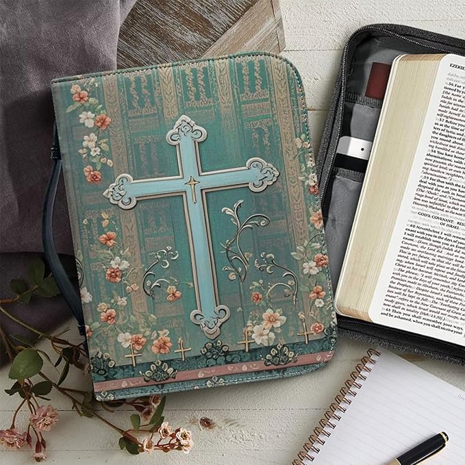 PU Bible Case, Bible Cover for Women Men,Bible Covers with Leather Bookmark Set,Bible Carrying Case,Christian Gift,Boho Flowers and Cross,X-Large