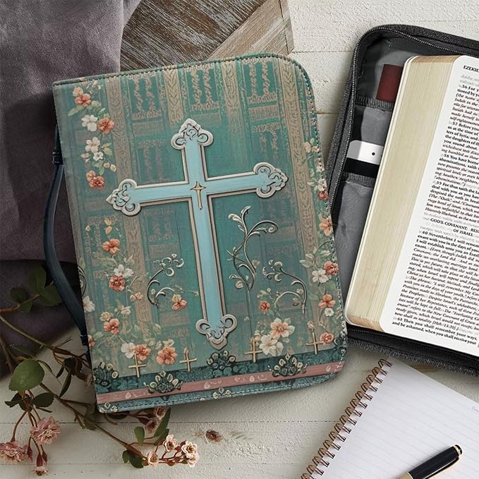 PU Bible Case, Bible Cover for Women Men,Bible Covers with Leather Bookmark Set,Bible Carrying Case,Christian Gift,Boho Flowers and Cross,Small