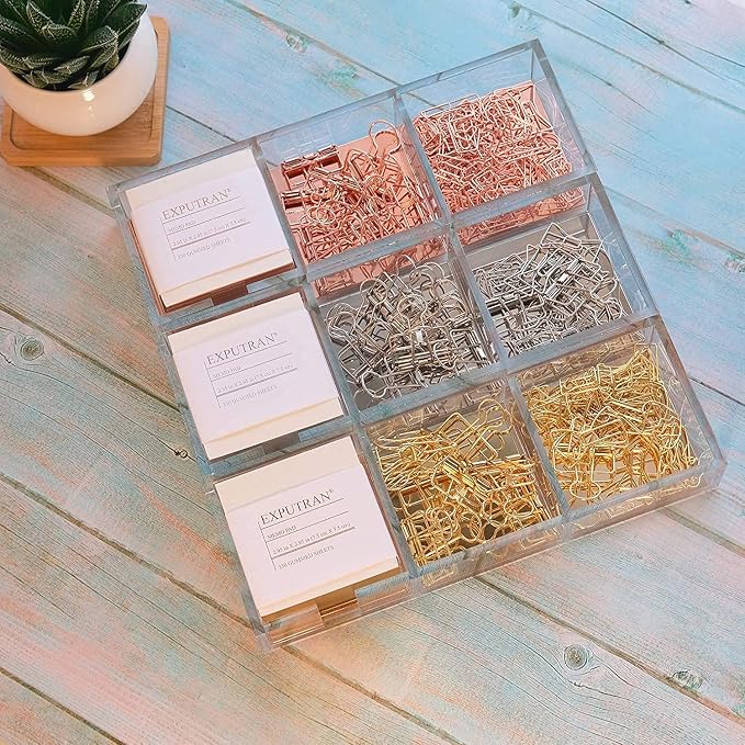 Premium Acrylic and Gold Base Note Holder, Paper Clips Holder for Desk, Cube Memo Pad 3 Compartments Desktop Organizer
