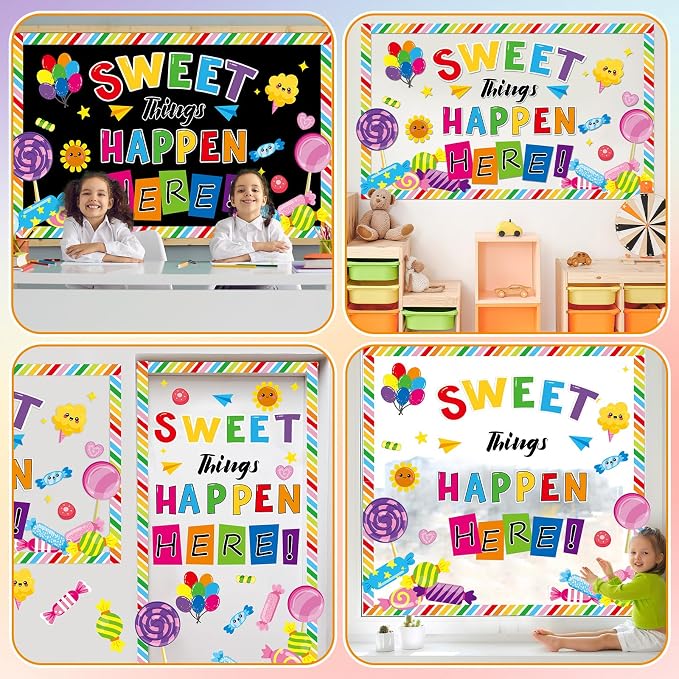 gisgfim Sweet Candy Things Happen Here Bulletin Board Decorations Back to School Colorful Paper Cutouts Sweet Candy Bulletin Board Set for Kindergarten Preschool Elementary Wall Decor Supplies