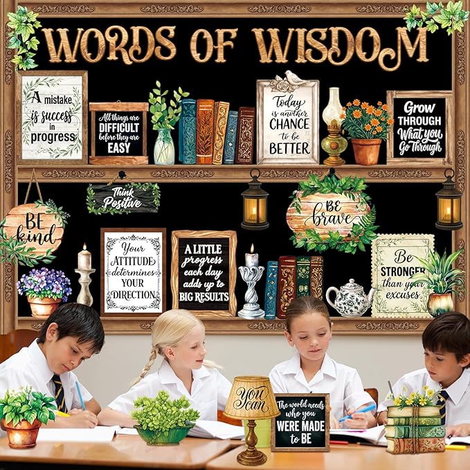 Mooliwe 57 Pcs Vintage Plant Bulletin Board Set Inspirational Greenery Classroom Decoration Potted Plant Flower Cutout for School Office Chalkboard Door Wall Decor