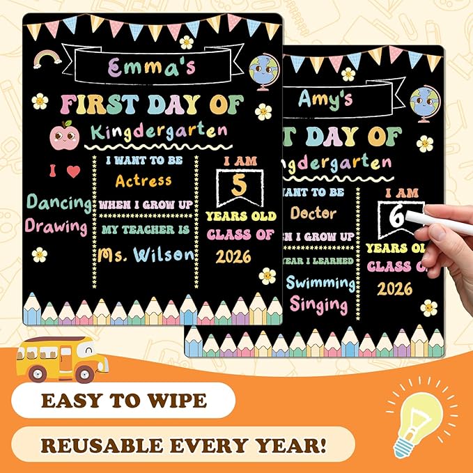 AmazingSpark First and Last Day of School Sign Board Double Sided 1st Back to School Supplies 10"x12" for Kids Preschool Kindergarten Chalk Board, Cute Crayon Retro Groovy Photo Reusable(Macaron)