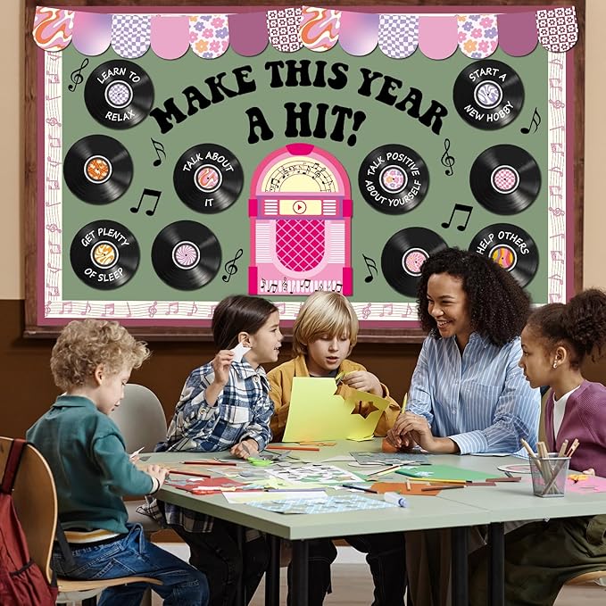 Vintage Record Bulletin Board Set Mental Health Classroom Decoration Music Retro Purple Writable Paper Cutout Make This Year A Hit Bulletin Board for Back to School Office Nursery Home Wall Door Decor