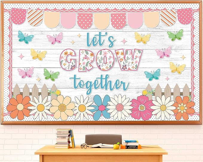 Spring Bulletin Board Decorations Set Motivational Let's Grow Together Bulletin Board Spring Butterfly Paper Cutouts Colorful Flower Classroom Decorations for School Home Office Chalkboard Supplies