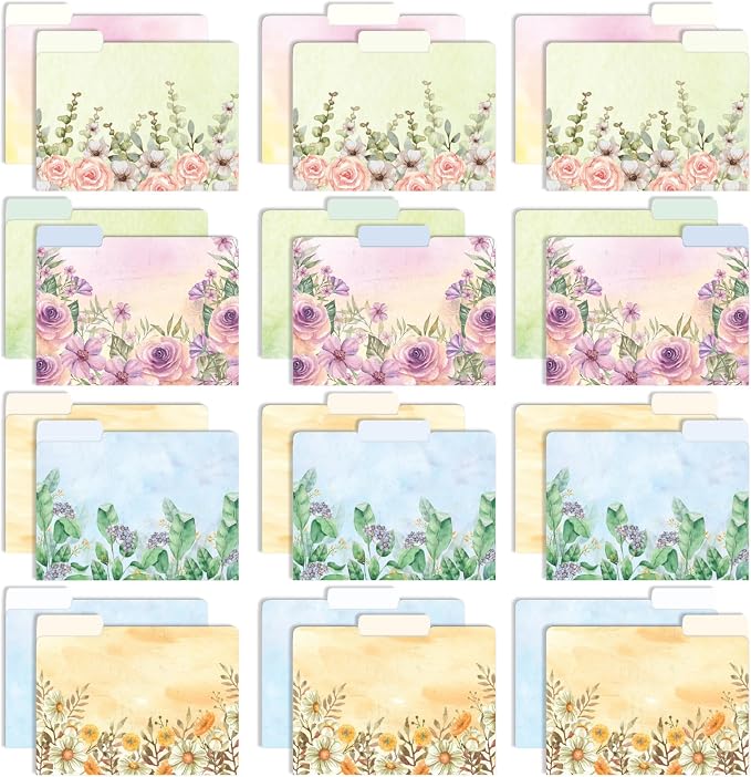 Global Printed Products Deluxe Designer Printed File Folders, 1/3 Cut Tab, Assorted Positions, Letter Size, 24/pk (Watercolor Floral)