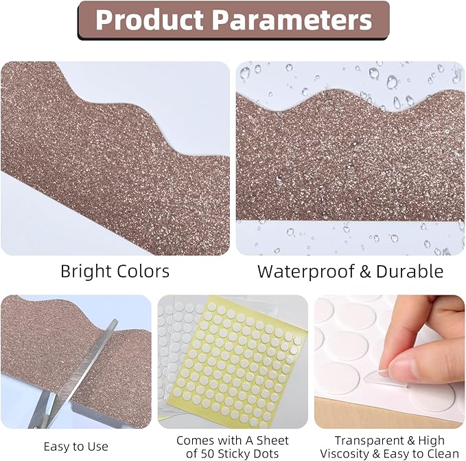 3 Rolls 98.4 Ft Glitter Bulletin Board Borders Set - Champagne Bulletin Board Decorations for Classroom, Office，School Supplies & Home DIY - Perfect for Teachers, Posters & Birthday Party Decor