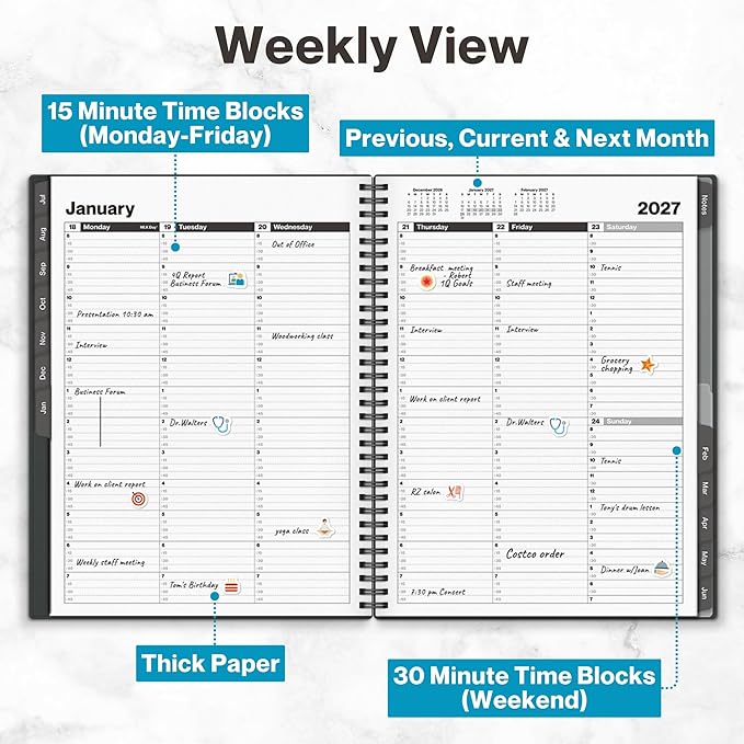 Dunwell 2026-2027 Appointment Book 8.5 x 11, July 2026 to June 2027, 15-Minute Hourly Schedule Planner with Laminated Tabs, Daily Professional Agenda