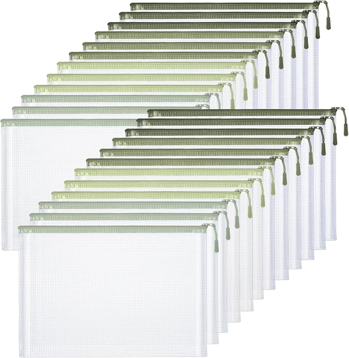 Feifeiya 24 Pack Sage Green Mesh Zipper Pouch Bags, A4 Size Clear Mesh Zipper Storage Bag Bulk for School Office Organization