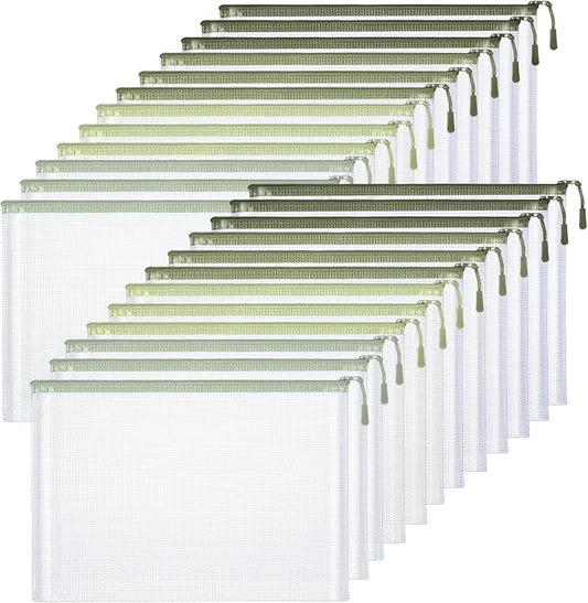 Feifeiya 24 Pack Sage Green Mesh Zipper Pouch Bags, A4 Size Clear Mesh Zipper Storage Bag Bulk for School Office Organization