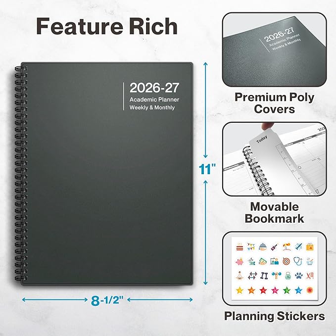 Dunwell 2026-2027 Academic Year Planner 8.5x11, July 2026 to June 2027, Weekly Monthly Agenda with Laminated Tabs, Daily Professional Organizer, Notes
