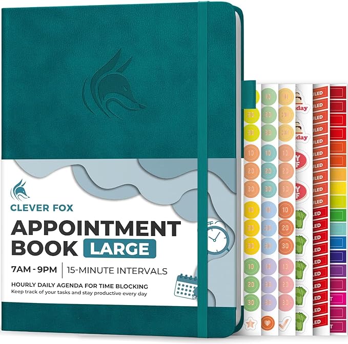 Clever Fox Appointment Book – Hourly Schedule Planner with 15-Minute Increments – Time Box Planner for Daily Work & To-Dos – Weekly & Monthly Spreads, Undated, Hardcover, 8.3x11″ (Dark Teal)