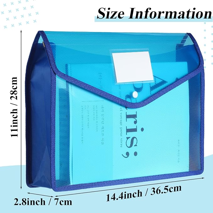 10 Pieces Plastic File Folders Envelope Expanding File Wallet Organizer Documents Folder with Snap Closure and Pocket B4 Waterproof Transparent Pouch for School Office(Blue,Horizontal)