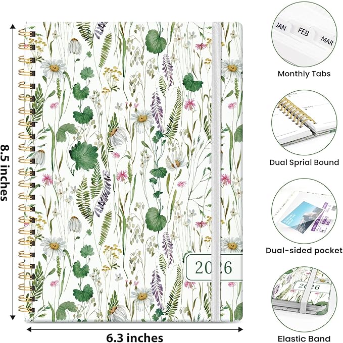 2026 Planner, Weekly and Monthly Planner for Women, January 2026 - December 2026, Hardcover 2026 Calendar Planner Book with Tabs, Inner Pocket, Spiral Bound, Perfect for Office Home School Supplies - A5 (6.3" x 8.5"), Spring Flowers