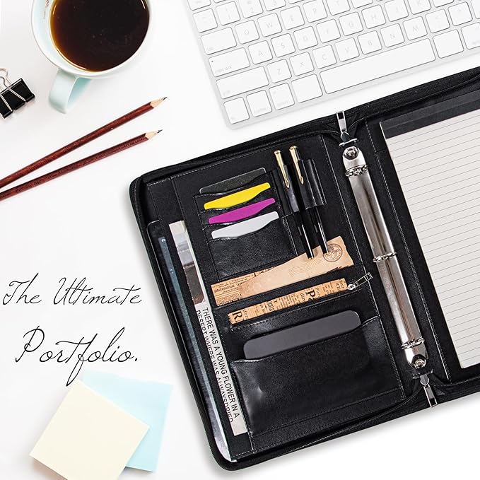 Calfinder 3 Ring Portfolio Binder,PU Leather Padtfolio Binder with Zipper,Padfolios for Women&Men,Professional Business Portfolio Organizer for Resume/Interview, A4 Letter Document Organizer