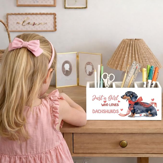 Dachshund Desk Organizer Wooden Pen Pencil Holder for Desk, 3 Compartments Office Accessories, Just a Girl Who Loves Dachshunds Decor, Cute Dachshund Lover Gift for Women Home Office