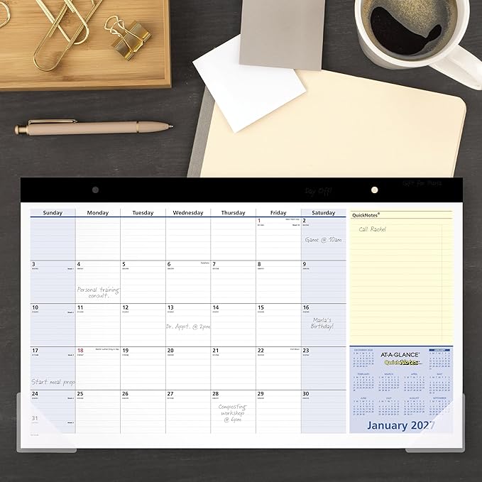 AT-A-GLANCE 2027 Desk Pad Calendar, Monthly Desk Wall Planner, 13-Month Jan-Jan, 18" x 11", QuickNotes (SK7100027)