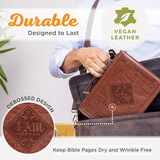 Christian Art Gifts Men's Classic Bible Cover Names of God Exodus 34:6, Brown Faux Leather, XL