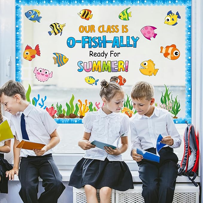 Justforjoyful Summer Ocean Sea Bulletin Board Decorations O-Fish-Ally Ready for Summer Theme Classroom Back to School Bulletin Board Border Set Tropical Marine Fish Paper Cutouts for School Home Decor