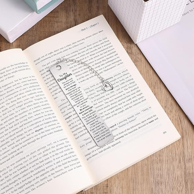 Inspirational Daughter Birthday Gift Bookmark Book Lovers Girl Gifts Bookmarks Metal Book Marker with Heart Shaped Chain Bookmark for Kids Teen Girls Stepdaughter, Birthday Graduation
