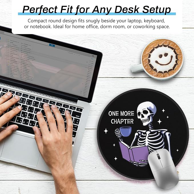 Gctriki Funny Skull Mouse Pad, 8.6" Round Mousepad with Stitched Edge & Non-Slip Base, Comfortable Mouse Pads for Computer Laptop, Unique Office Decor & Home Desk Accessories Book Lovers Gothic Humor