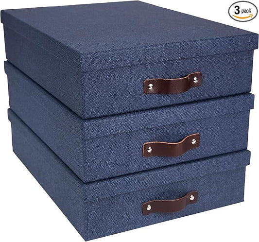 Bigso Oskar Canvas Fiberboard Document Letter Box | File Organizer Document Box for Important Paperwork | Document Storage Box with a Lid & Handle | 3.3″x10.2″x13.8″ | 3 Pack | Blue