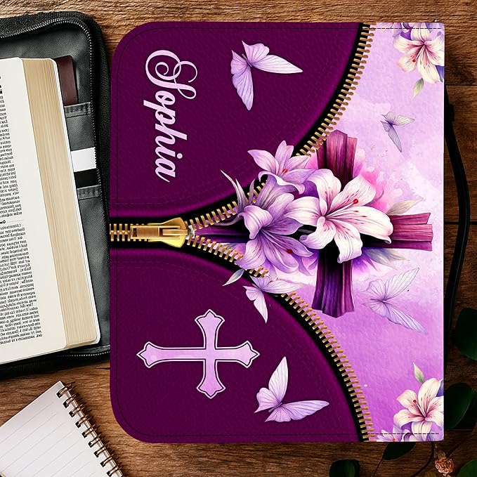 Personalized Bible Cover for Men, Christian Bible Case PU Leather, Jeus Bags Religious Appreciation Gifts for Women Girls Daughter Christian with Handle Zipper (BIBLE-04, M-2Xl)