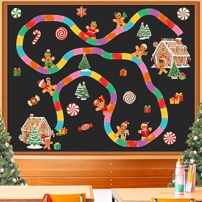 Christmas Bulletin Board Set Gingerbread Man Classroom Decorations - Candy Track Gingerbread House Xmas Tree Cookie and Gift Box Cutouts for Home Wall Door Decor Office Holiday Display