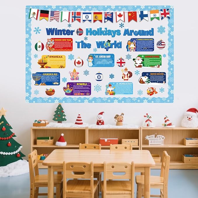 Funrous 71 Pcs Winter Bulletin Board Set Holidays Around the World Board with Christmas Chinese New Year Kwanzaa Diwali Hanukkah Winter Solstice Cutouts for Xmas Party School Classroom Home Wall Decor