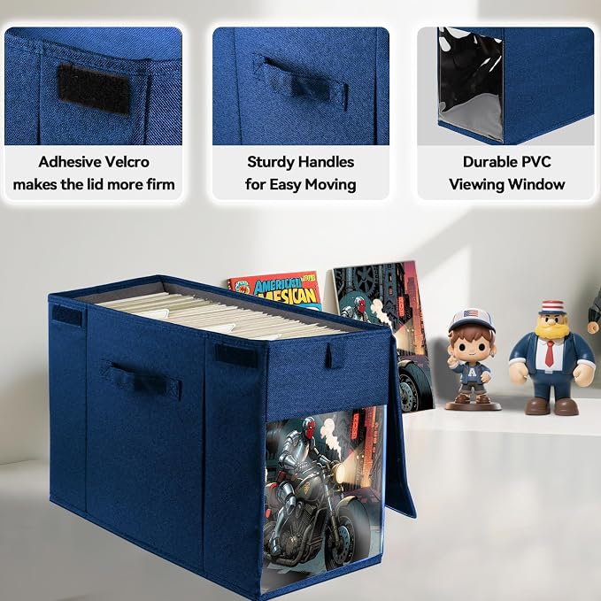 2 Pack Comic Book Storage Box with Lid for Modern Age, Collapsible Magazine Organizer with Clear Window, Blue