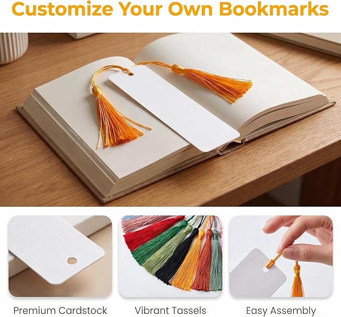 100Pcs Blank Bookmarks with Tassels, 400gsm Cardstock 5x15cm (2x6 Inch) White Blank Paper Bookmarks Bulk for DIY Crafts, Gifts & Classroom Projects