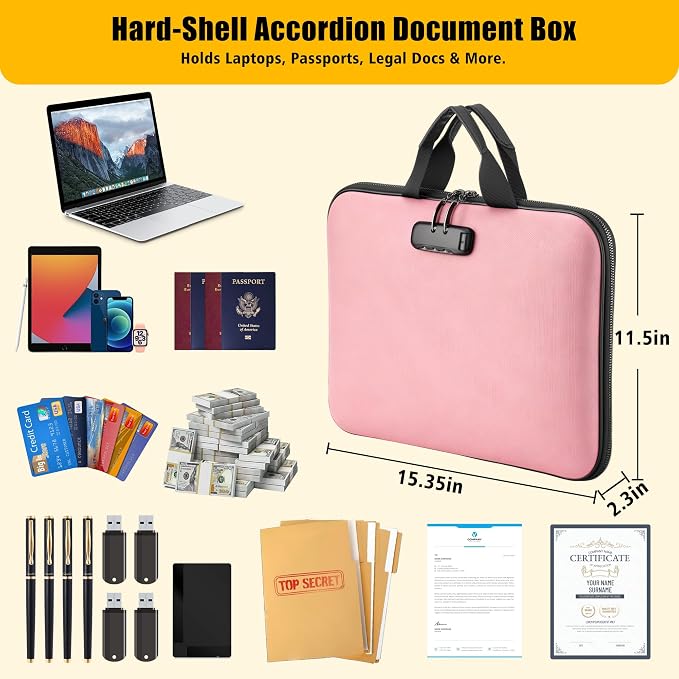 Fireproof Document Box with Combination Lock, Hard-Shell Fireproof File Organizer for Legal Documents, Laptop, Valuables & Important Papers, 13-Pocket Accordion File Folder
