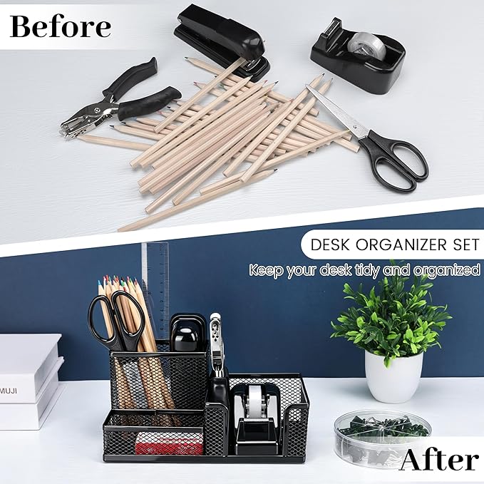 Black Office Desk Accessories, 9 Pcs Desk Organizers and Accessories with Mesh Pen Holder, Stapler, Tape Dispenser, Hole Punch, Office Supplies Set for Office Home School Women Students Gift