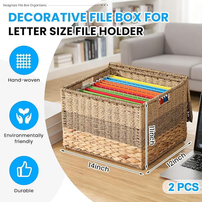 2pcs Large Decorative File Box 14 x 12 x 11 in Seagrass Hanging Organizer for Letter & Legal Size File Basket Hand Woven Filing Cabinet with Lid Collapsible Box for Home Office Decor, Water Hyacinth
