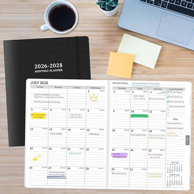 2026-2028 Monthly Planner, 2 Year Calendar Planner, Jul 2026 - Jun 2028, 8.3'' x 11'', 24 Months, Embossed Cover, with Printed Tabs ＆Pocket, Elastic Closure, Organizer for Office Home School, Black