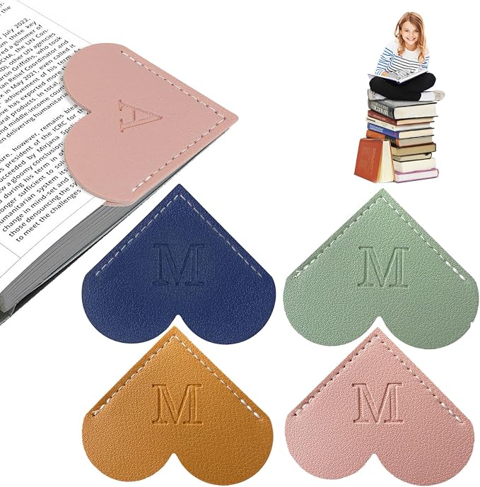 4Pcs Personalized Leather Heart Bookmark With Initial, 26 Letters Custom Corner Page Book Mark For Reading Women, Book Lovers, Teachers, Students, Cute Book Accessories(Blue+Green+Light Brown+Pink, M)