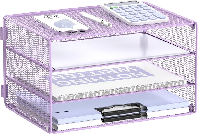 DALTACK 3 Tier Letter Tray Paper Organizer for Desk, Mesh Metal Desk File Organizer with Sliding Trays for Letter/A4 Paper, Mail, Bills & Folders, Light Purple