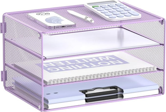 DALTACK 3 Tier Letter Tray Paper Organizer for Desk, Mesh Metal Desk File Organizer with Sliding Trays for Letter/A4 Paper, Mail, Bills & Folders, Light Purple