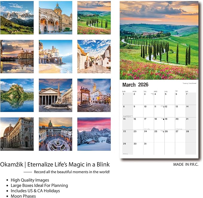 2026 Wall Calendar Planner Calendar - Italy Hangable Monthly Wall Calendar with Large Blocks for Organizing & Planning, Academic Schedule, Home, Office & family, Thick & Sturdy Paper (12"x24" Open)