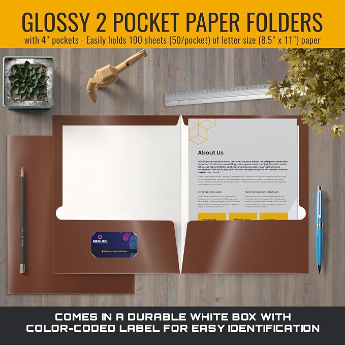 Better Office Products 2 Pocket Glossy Laminated Brown Paper Folders, Box of 25, Letter Size, Brown Paper Portfolios