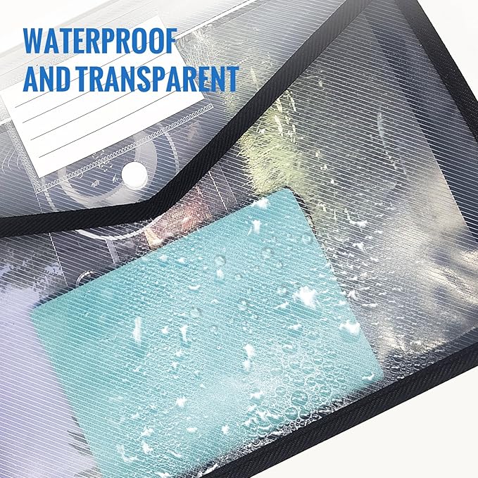 Plastic Expanding File Folder,Envelope Folders for Documents, File Folder Organizer Holder with Snap Closure,Waterproof Transparent File Folder,Large Capacity, Fit Letter/A4 Size (Black-12 Pack)