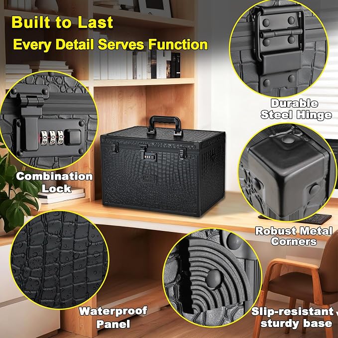 File Storage Cabinet File Organizer Document Organizer File Box in Office and Home with Combination Lock with 20 Legal Size Hanging Files (Aligator Black)