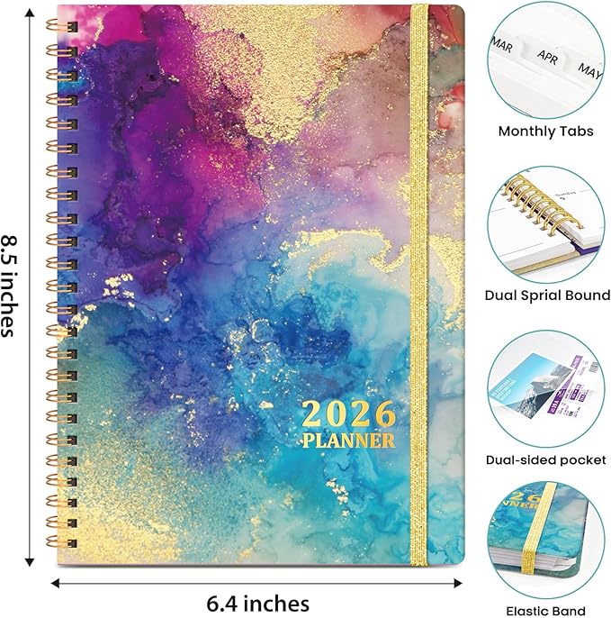 2026 Planner, Weekly and Monthly Calendar Planner Book, January 2026 - December 2026, Hardcover Spiral Planner with Monthly Tabs, Notes Pages, Perfect for Women & Men, A5 (6.4" x 8.5") - Gold