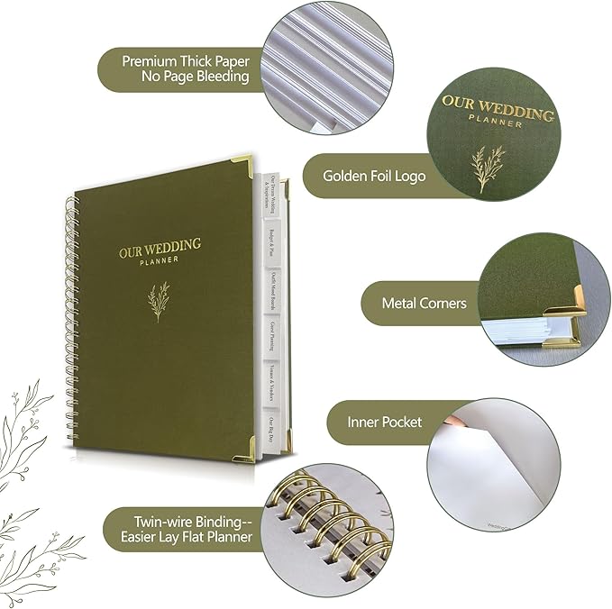 Wedding Planner Book and Organizer for Bride, Elegant Linen Cover Wedding Planning Binder with Checklists, Pockets & Calendars,Perfect Engagement Gifts for Couples