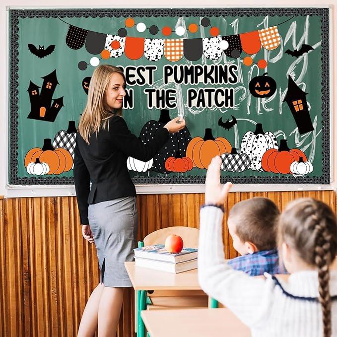 VABAMNA Halloween Fall Bulletin Board Decorations for Classroom, 95 Pcs Black Orange Autumn Pumpkin Patch Bat Paper Cutouts Borders Trim for Home School, Halloween Thanksgiving Harvest Party Supplies