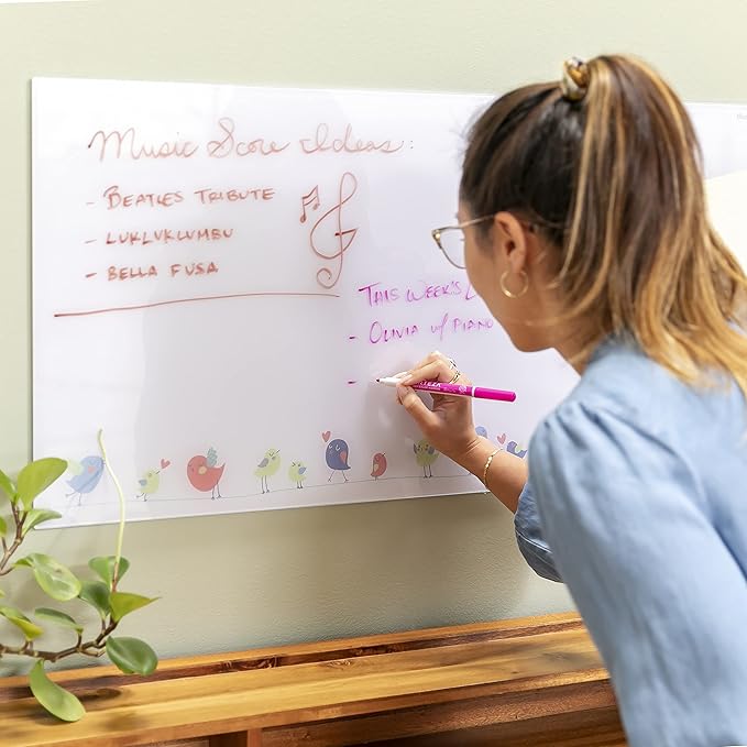 ECR4Kids MessageStor Magnetic Dry-Erase Glass Board with Magnets, 18in x 36in, Wall-Mounted Whiteboard, Birds