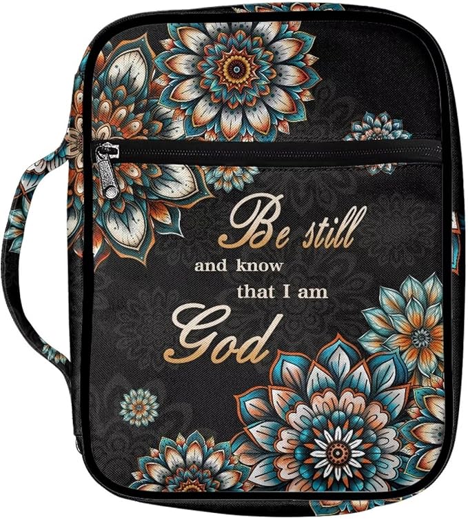 Suobstales Boho Mandala Print Bible Cover Carrying Book Case for Women Men Be Still and Know That I am God Lightweight Bible Bag Bible Protective with Handle and Zippered Pocket