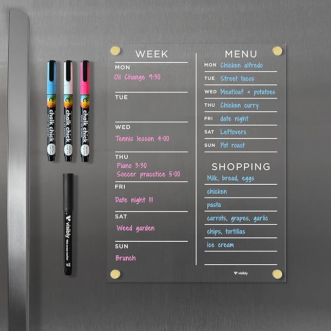 Magnetic Acrylic Meal Planner, Menu & Shopping List Board for Fridge, 9” x 12” Clear Refrigerator Organizer, Includes 4 Magnetic Wet-Erase Markers, Black Corner Magnets