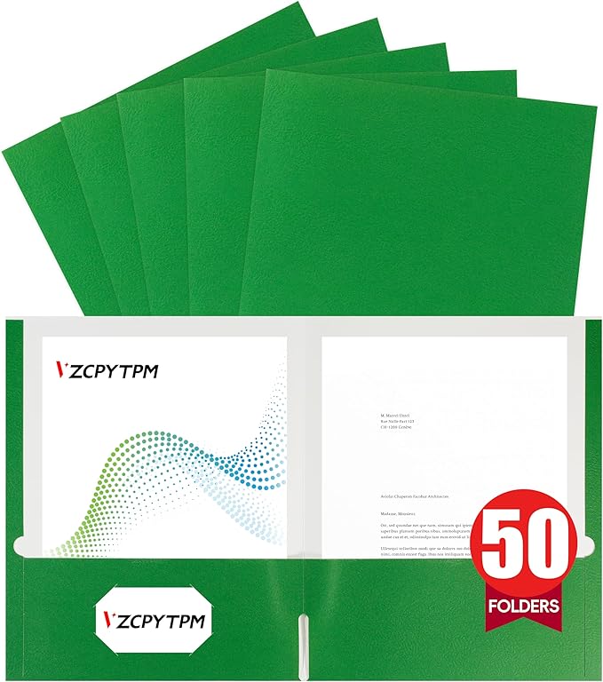 VZCPYTPM 50 Pack Green Folders with Pockets,2 Pocket File Folders for Letter Size (8.5 x 11 Inch),Professional Design with Business Card Slot for Office and School Organization