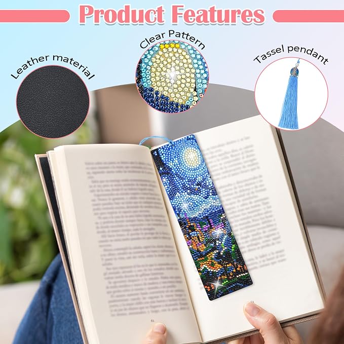 8 Pcs Diamond Painting Bookmark, Leather DIY Book Makers for Adults Book Lovers, Diamond Art Beginners, Small Diamond Art Kits, Paint by Art Crafts Supplies Gift for Girls (Starry Night)